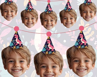 Personalised Dinosaur Party Hat Banner | Childrens Birthday Bunting | Custom Kids Photo Garland Decoration