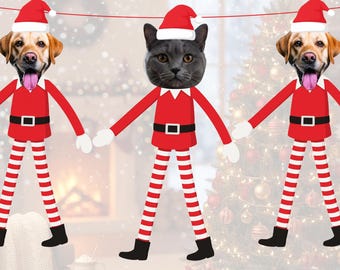 Personalised Pet Elf Christmas Banner | Custom Photo Face Bunting | Funny Cat Dog Xmas Decoration | Red White Garland