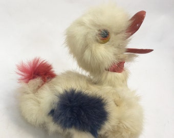 wind up mechanical toy vintage duck rabbit fur & metal head nods rolls beak opens/closes Easter Japan orange ivory blue red pink furry plush