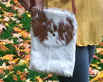 vintage caballo o piel de vaca Bolso artesanal bolso bolso Satchel marfil vaca marrón cuero sujetadores snap closure cuero suede correa sobre doblar sobre