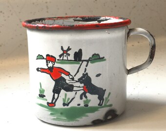 child's baby mug cup antique vintage chippy white red black green enamel boy running with black dog windmill landscape green grass trees