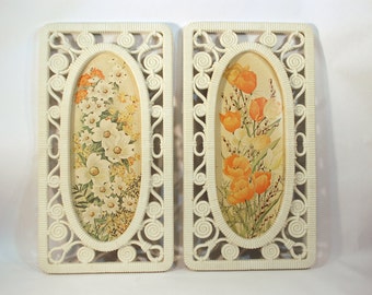 floral framed prints 2 f ivory plastic sculptural frame orange yellow green nature flower dogwood butterfly weed pussy willow buds forsythia