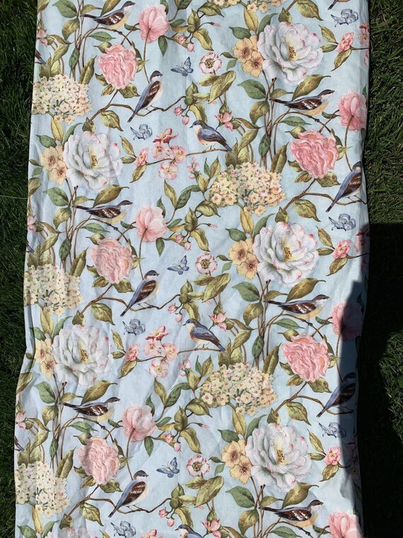 2 Vintage Curtains Cotton Pale Blue Bird Drapes Pink Yellow Etsy
