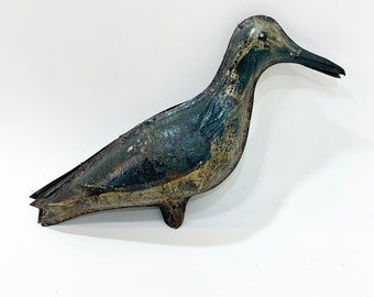 antique "tinnie" tin metal shorebird decoy handmade hand painted deep green ochre simple metal wire hinges ate 1800's to early 1900's hollow