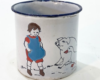 child's baby mug cup antique vintage chippy white red black blue enamel girl with pig goose piggy blue apron