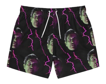 the hilarious house of frightenstein vincent price opening monologue on a pair of swim trunks (all over print)