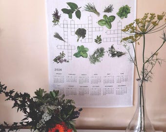 Calendario asciugamani di lino 2026: stampa cruciverba erbe botaniche