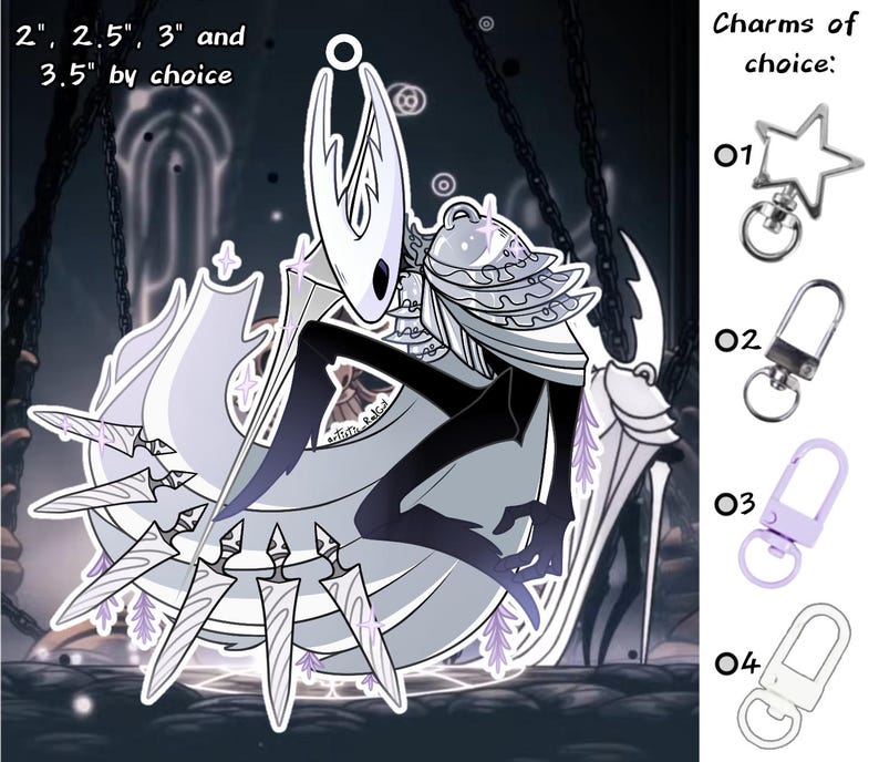 Puede incluir: Ilustraci&oacute;n en blanco y negro de un personaje con espada, disponible en tama&ntilde;os de 5,08 cm, 6,35 cm, 7,62 cm y 8,89 cm. La imagen incluye una selecci&oacute;n de amuletos: una estrella, un cierre plateado, un cierre morado y un cierre blanco.