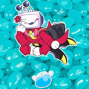 Peut inclure: Illustration de personnage de dessin animé avec un écran de télévision en guise de tête, vêtu d'un costume rouge et d'une cravate jaune, avec une fleur sur la tête. Le personnage est placé sur un fond de bonbons gélifiés bleus, avec un petit personnage d'ange bleu.