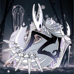 May include: Illustration of a character from the video game Hollow Knight. The character is mainly white and black, with a long, pointed head and a cape-like structure. It is surrounded by stylized blades and a decorative background.
