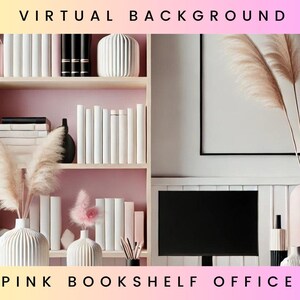 Bookshelf Office Backgrounds, Pink Pampas, Zoom Background, Zoom Backgrounds, Virtual Background, Pink Modern Office, Shelf