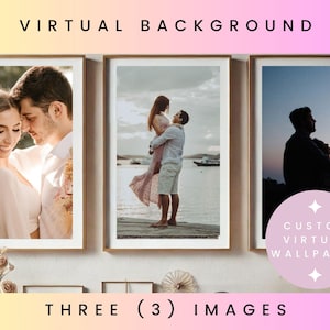 Peut inclure: Trois images de fond virtuel. La première image montre un couple qui s'embrasse, la deuxième image montre un couple debout sur une plage, et la troisième image montre une silhouette d'un couple debout sur une colline.