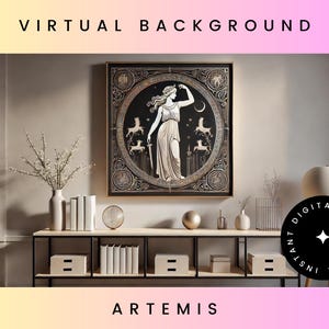 Artemis Zoom Teams Hintergrund, griechische Göttin der Jagd, Jugendstil, göttlich weibliche Kunst der griechischen Mythologie, weibliche Energie