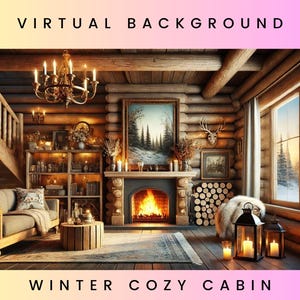 May include: A cozy cabin interior with a fireplace, a couch, a bookshelf, and a window overlooking a snowy forest. The room is decorated with rustic wooden beams and a chandelier. "Winter Cozy Cabin" text is at the bottom of the image.