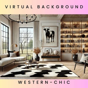 May include: A living room interior design with a white sectional sofa, a black and white cowhide rug, a black and white cow silhouette print, and a bookshelf filled with books. The room has a modern western chic style.