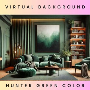 May include: A living room interior design with a hunter green color scheme. The room features a green velvet sofa, a green velvet armchair, a green velvet ottoman, a bookshelf, a large painting, and a coffee table. The room is decorated with plants and other decorative items.