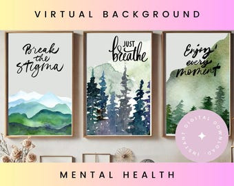 Mental Health Awareness Zoom Backgrounds Therapist Psychologist Framed Art Virtual Wallpaper WFH Watercolor Mountains Serene Tranquility