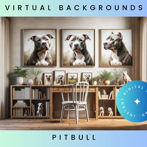 以下が含まれることがあります： 自宅のオフィス環境で、茶色と白のピットブル犬が写っているバーチャル背景のデジタルダウンロードです。背景には、本棚のある机、白い椅子、植物があります。「INSTANT DIGITAL DOWNLOAD」というテキストは、白い星のある青い円の中にあります。
