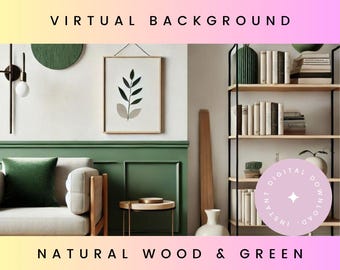Natural Wood Green Monstera Plants Zoom BackgroundsModern Office Bookshelf Nature Minimalist Books Gold Home Office Decor Framed Art Leaf