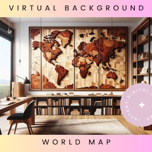 Houten wereldkaart, houten wereldkaart zoomachtergronden, zoomachtergrond kantoor, zoomachtergrond Thuiskantoor, zoomachtergronden, virtuele achtergrond
