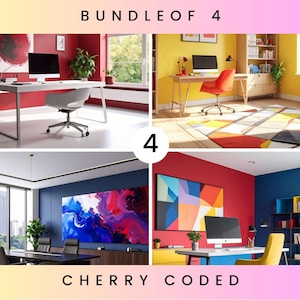 May include: A composite image showcasing four modern office spaces. Each space features a desk, chair, and computer, with varying color schemes including red, yellow, and blue. The text "BUNDLE OF 4" and "CHERRY CODED" are displayed.