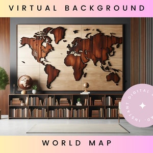 Houten wereldkaart, houten wereldkaart zoomachtergronden, zoomachtergrond kantoor, zoomachtergrond Thuiskantoor, zoomachtergronden, virtuele achtergrond