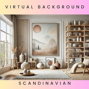 Może przedstawiać: Wirtualne tło przedstawiające salon w stylu skandynawskim z dużym oknem, drewnianą biblioteczką, krzesłem i obrazem o minimalistycznym designie. Pokój jest ozdobiony roślinami, wazami i innymi elementami dekoracyjnymi.