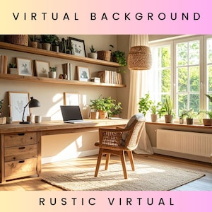 May include: A rustic virtual background showing a wooden desk with a laptop, a wicker chair, and shelves filled with books and plants. The room has a large window with natural light and a woven pendant light.