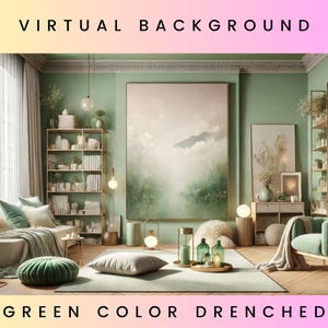 May include: A green living room with a large painting of a mountain landscape, a bookshelf filled with books, a green armchair, and a couch with green pillows. The room is decorated with plants and other decorative items. "VIRTUAL BACKGROUND" is written in white text on a pink and yellow gradient background at the top of the image. "GREEN COLOR DRENCHED" is written in white text on a pink and yellow gradient background at the bottom of the image.