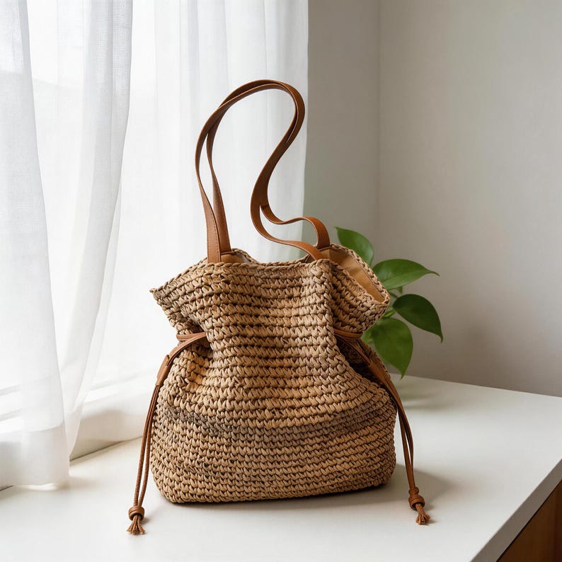 Bolso de paja tejido a mano con cordón ajustable, bolso de verano estilo bohemio francés, bolso para vacaciones en la playa, regalo para ella, bolso de vacaciones de verano, regalo para damas de honor brown