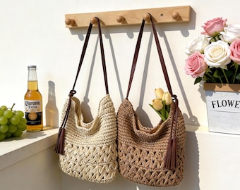 Bolso de crochet hecho a mano, bolso tote tejido de paja de papel, bolso bandolera mediano, bolso veraniego estético, bolso de punto beige y marrón.