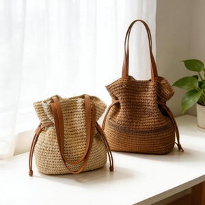 Bolso de paja tejido a mano con cordón ajustable, bolso de verano estilo bohemio francés, bolso para vacaciones en la playa, regalo para ella, bolso de vacaciones de verano, regalo para damas de honor imagen 3