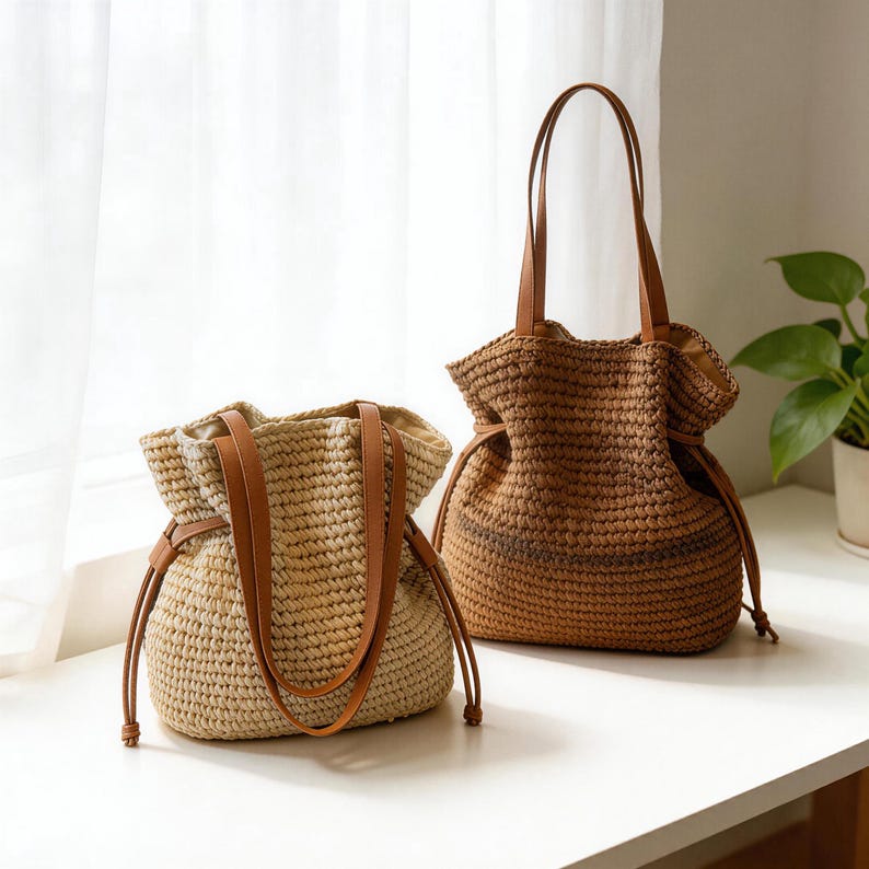 Bolso de paja tejido a mano con cordón ajustable, bolso de verano estilo bohemio francés, bolso para vacaciones en la playa, regalo para ella, bolso de vacaciones de verano, regalo para damas de honor imagen 3