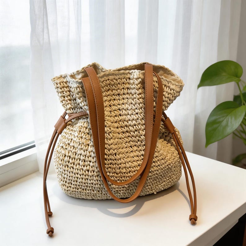 Puede incluir: Bolso tote de paja tejida beige con asas de cuero marr&oacute;n y cierre de cord&oacute;n. El bolso tiene una base redonda. Las asas son lo suficientemente largas para llevarlo al hombro.