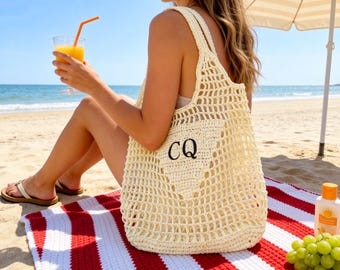 Personalized Initial Crochet Beach Bag, Custom Monogram Straw Tote Bag, Boho Summer Beach Bag, Bridesmaid Gift, Vacation Gift for Her