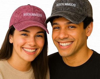 Benutzerdefinierte Stickerei römische Ziffern Caps, Jubiläumsdatum, Geschenk für Paare, Geschenk für New Dad Mom, personalisierte Cap, Unisex Baseballmütze