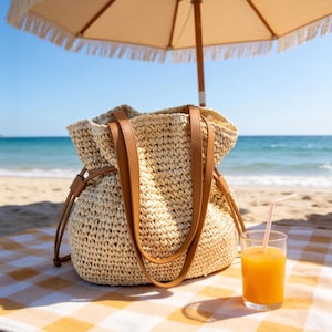 Bolso de paja tejido a mano con cordón ajustable, bolso de verano estilo bohemio francés, bolso para vacaciones en la playa, regalo para ella, bolso de vacaciones de verano, regalo para damas de honor imagen 2