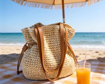 Bolso de hombro de paja de ganchillo con cordón ajustable, bolso de playa tejido estilo francés, accesorio bohemio de verano, regalo de vacaciones, regalo para mujer.