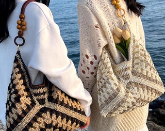 Bolso bohemio de crochet, bolso con asa de cuentas de madera, bolso de playa tejido para verano, bolso de hombro cuadrado para abuela, regalo estético para vacaciones.
