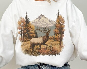 Retro Elk Sweatshirt, Vintage Fall Hunter Scene Sweatshirts, Americana Nostalgia Elk Deer Sweatshirt, 90s Bull Forest Nature Outfit Crewneck