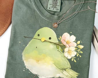 Cute Bird With Flower Shirt, Soft Nature Lover Gift, Comfort Colors® Vintage Style Graphic Tee for Women Men, Spring Aesthetic Tee,Cute Bird