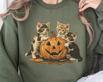 Vintage 90s Cat Halloween Sweatshirt, Retro Halloween Shirt, Spooky Season Tee, Pumpkin Shirts, Cat Lover T-shirts, Spooky Season, Black Cat