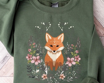 Cozy Cute Fox Cottagecore Sweatshirt, Forestcore Pullover, Woodland Wildlife Animal, Boho Crew Neck, Vintage Forest Witch Aesthetic Sweater