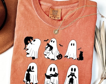 Ghost Cat Shirt, Comfort Colors® Cat Ghost T-Shirt, Cute Cat Lovers Shirt, Retro Ghost Halloween, Spooky Season Gift, Halloween Cat T-shirts