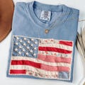 Comfort Colors\u00ae Faux Patchwork American Flag Shirt, 250th Years Patriotic Fourth Of July T-sshirt, Vintage Faux Quilted USA Graphic T-shirts