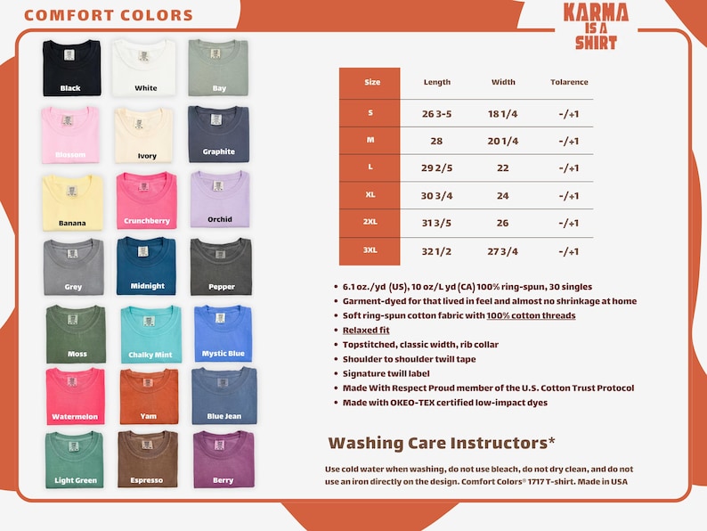 The image is a collage of various t-shirt designs in different colors and sizes, along with a section titled "Washing Care Instructors" that provides washing care instructions for the t-shirts.