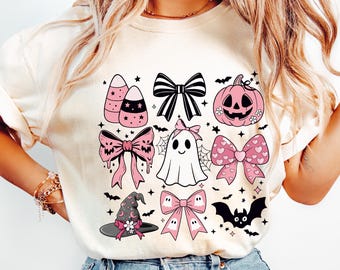 Comfort Colors® Halloween Shirt, Halloween Spooky Shirt, Fall Shirts, Pink Girly Bows Halloween T-shirts, Halloween Gift, Cute Ghost T-shirt