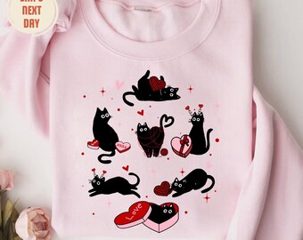Valentine Black Cat Sweatshirt, Black Cat Love Shirt, Kitten Valentine Shirt, Cat Lover Gift, Cat Mom Sweater, Lover Gift, Heart Cat Sweater