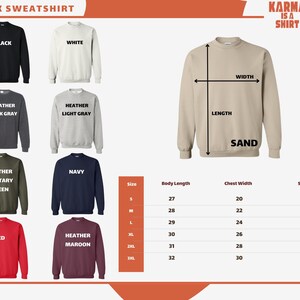 The image is a collage of various sweatshirt designs, each with different colors and sizes, along with their corresponding measurements.