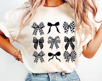 Comfort Colors® Checkered Bow T-Shirt, Coquette Bow Shirt, Bows T-shirt, Black Bow Shirt, Retro T-Shirt, Coquette Checkered, Dark Bow Shirts